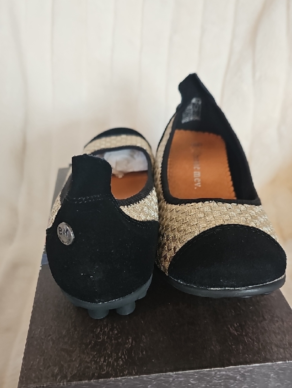 bernie mev. Gold Woven Ballet Flats with Black Trim - Picture 4 of 10